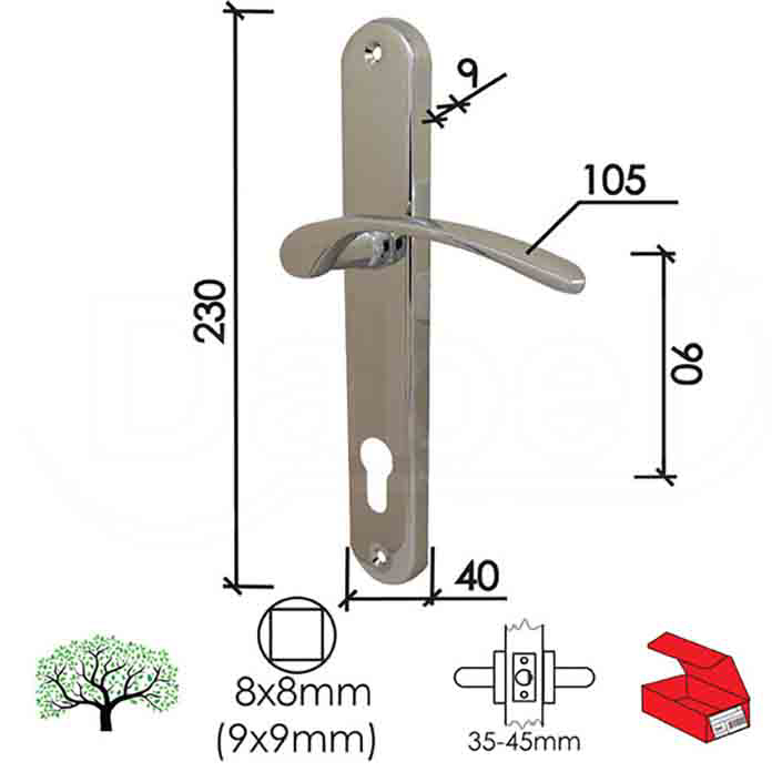 Slika Kvaka šild za vrata DABEL KIRA-S hromirana 90/40/230/10/98/8/9 mm cilindar 2606020