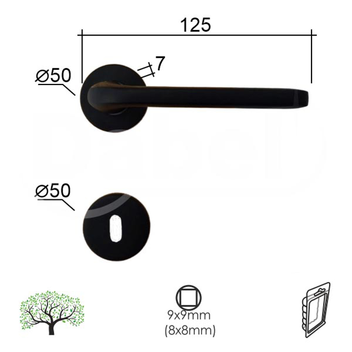 Slika Kvaka rozeta za vrata DABEL BOKA crna mat fi50/7/125/8/9 mm ključ 0101064